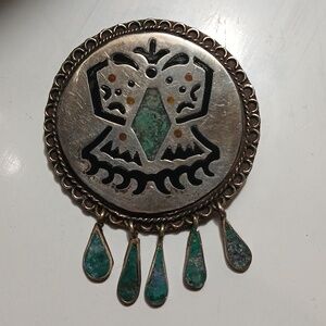 Taxco Vintage Handmade Brooch Pendant Turquoise Inlay Sterling Silver